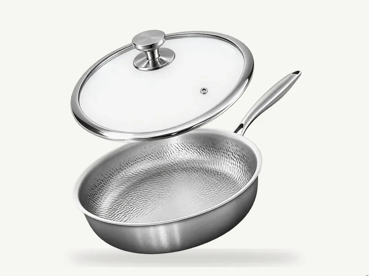 Close-up of the uncoated hammered titanium interior of the Joyhnny Pan